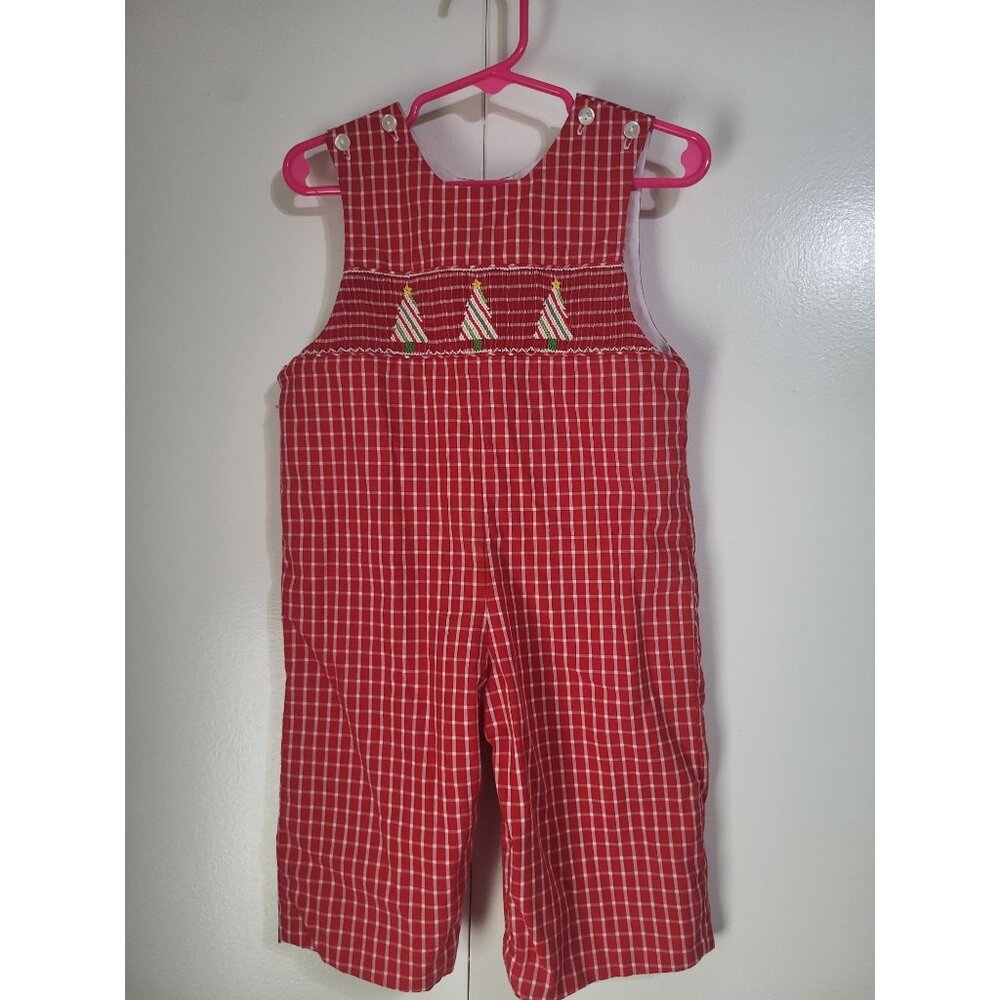 VTG 12M Red Checkered Christmas Tree Smocked Jon Jon Romper One Piece Preppy